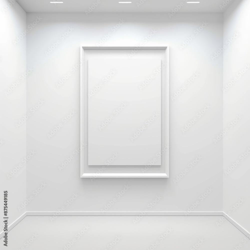 Empty White Vertical Rectangle Frame in Art Gallery with Spotlights, Vector Illustration Empty White Vertical Rectangle Frame in Art Gallery with Spotlights, Vector Illustration
