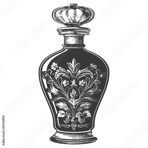 Ornate Antique Perfume Bottle, Engraved Floral Design, Vintage Etching