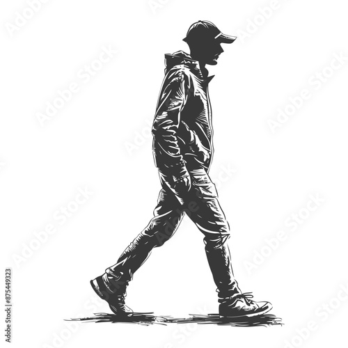 Monochrome Sketch of Man Walking, Casual Wear, Side Profile