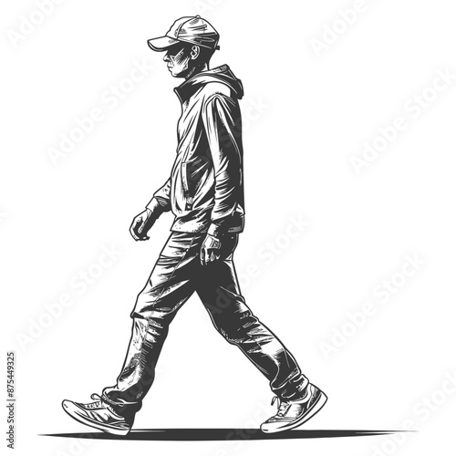 Monochrome Illustration of a Young Man Walking, Casual Streetwear Style