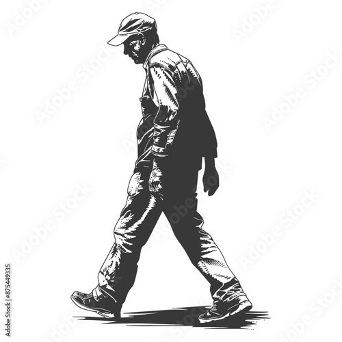Pen-and-Ink Sketch of Elderly Man Walking, Head Down, Casual Wear