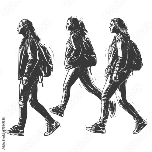 Monochromatic Illustration: Three Teen Girls Walking, Side Profile, Backpacks