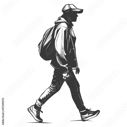 Monochromatic Illustration of a Backpacker Walking in Profile