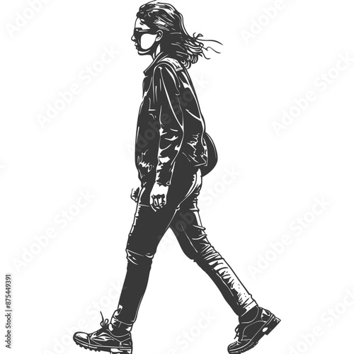 Windswept Woman in Leather Jacket, Monochrome Street Style Illustration