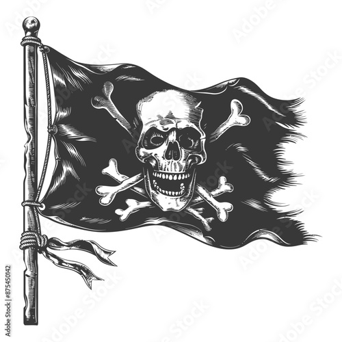 Vintage Engraved Jolly Roger Pirate Flag with Tattered Edges
