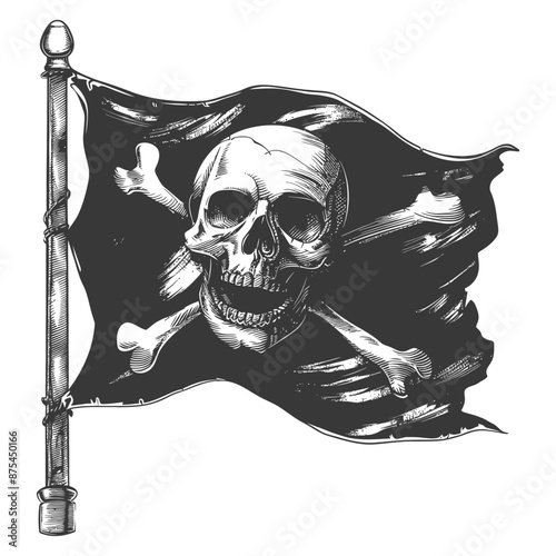 Vintage Engraved Jolly Roger Pirate Flag, Skull & Crossbones