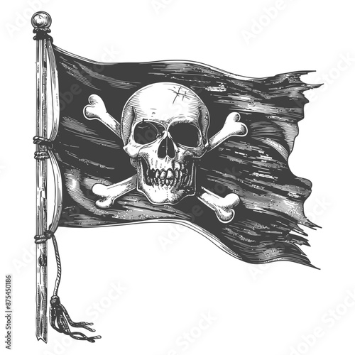 Tattered Jolly Roger: Hand-Drawn Pirate Skull and Crossbones Flag