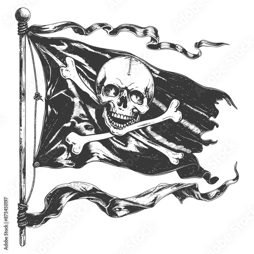 Hand-Drawn Jolly Roger Pirate Flag with Tattered Fabric and Ribbons