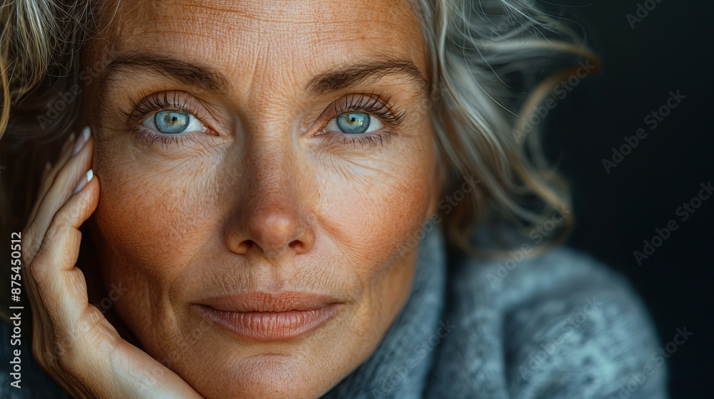 Close-up of mature woman with piercing blue eyes, serene mood, in a thoughtful pose, perfect for health and wellness articles Close-up of mature woman with piercing blue eyes, serene mood, in a thoughtful pose, perfect for health and wellness articles