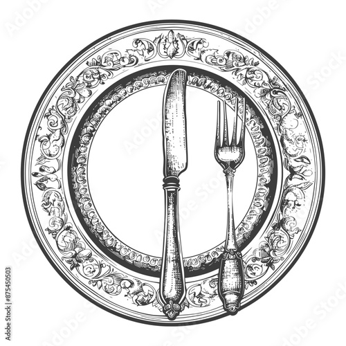 Ornate Plate with Vintage Cutlery: Hand-Drawn Sketch