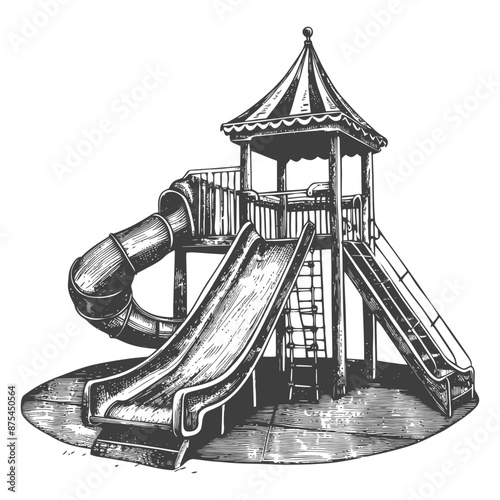 Vintage Playground Illustration: Turret Slide & Spiral Chute