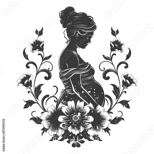 Pregnant Woman Silhouette with Ornate Floral Frame