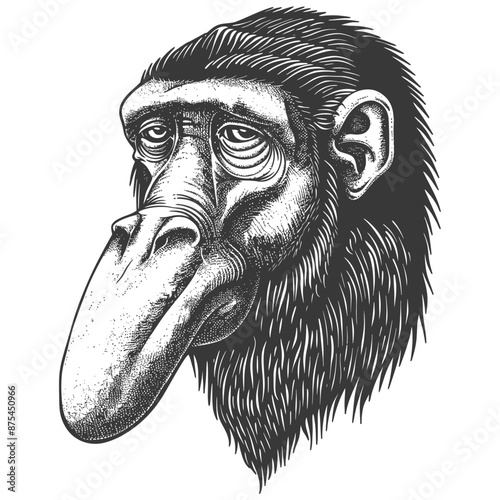 Hand-drawn illustration of a pensive primate with an elongated snout