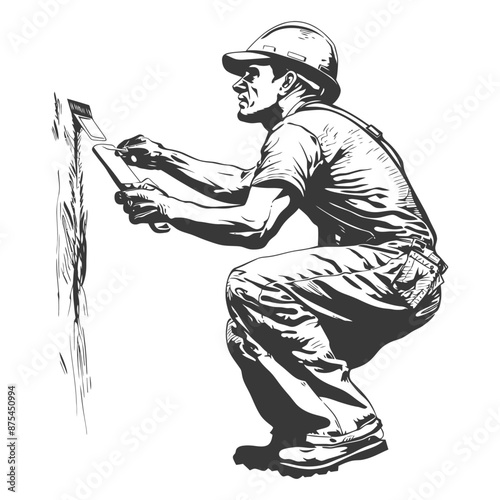 Hand-Drawn Sketch: Craftsman Applying Plaster, Focused Detail
