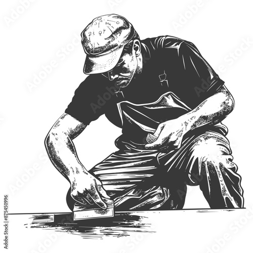 Hand-drawn Illustration: Craftsman Applying Finishing Touch with Scraper