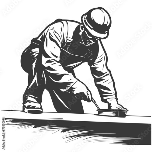 Monochrome Illustration: Construction Worker Applying Sealant on Roof