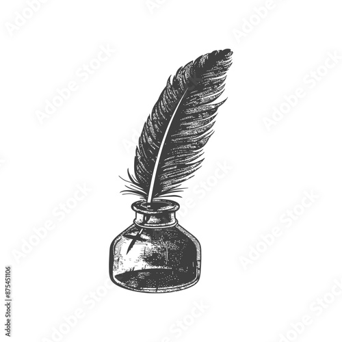 Vintage Quill Pen in Inkwell: Hand-Drawn Engraving Illustration