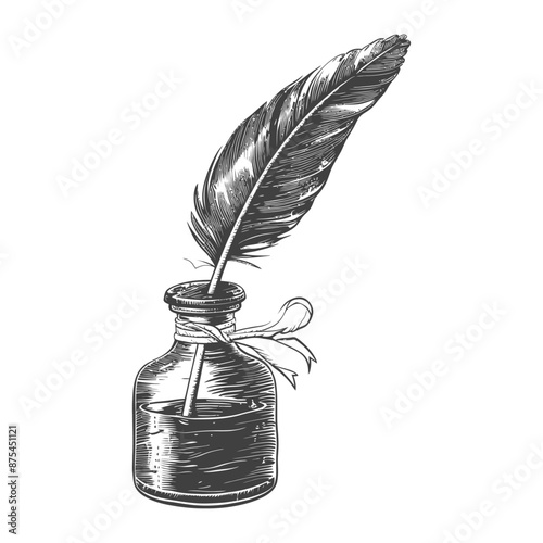 Vintage Quill Pen in Inkwell: Hand-Drawn Engraving Illustration