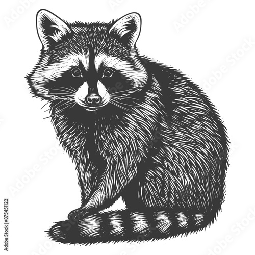 Intricate Hand-Drawn Engraving of a Sitting Raccoon