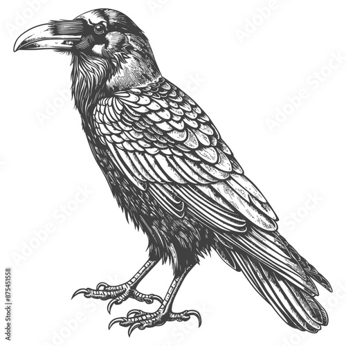 Intricate Hand-Drawn Raven Illustration, Monochrome, Detailed Feathers
