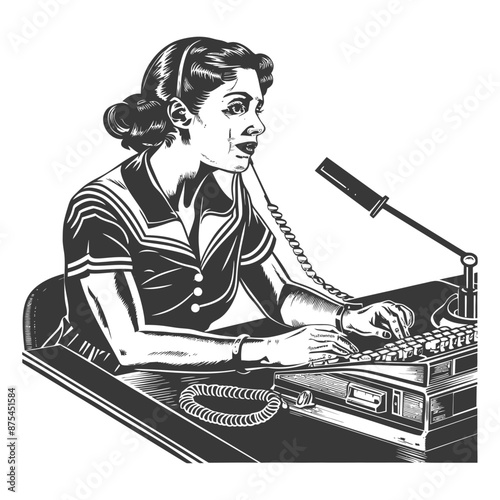Vintage Operator: Monochrome Illustration of 1940s Telephone Switchboard Worker