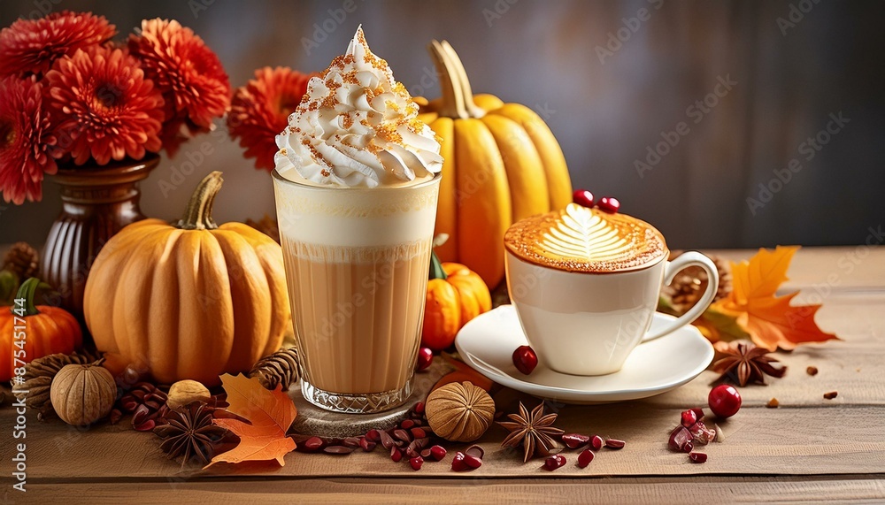 Autumn pumpkin spice latte coffee drink with whipped cream topping in a glass and a cup of cappuccino for holidays on pumpkins decoration background. Autumn pumpkin spice latte coffee drink with whipped cream topping in a glass and a cup of cappuccino for holidays on pumpkins decoration background.
