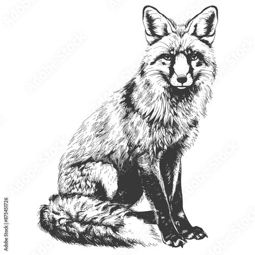 Intricate Ink Drawing of a Seated Red Fox, Monochrome Wildlife Art