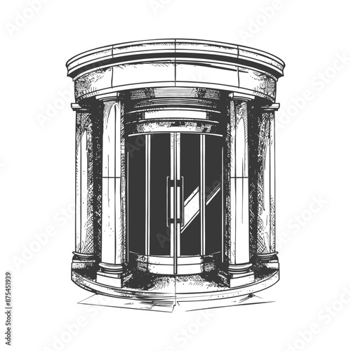 Hand-Drawn Engraving of Classical Revolving Door Entrance
