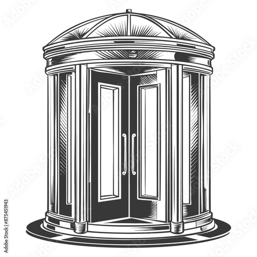 Vintage Engraving of a Circular Revolving Door Entrance