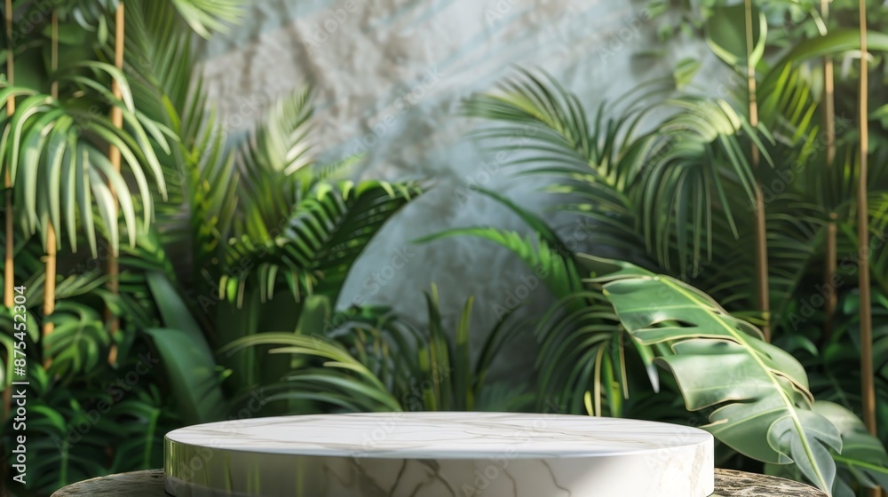 an empty marble podium set against a backdrop of lush tropical plants. an empty marble podium set against a backdrop of lush tropical plants.