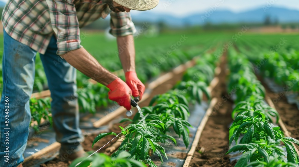 A man watering plants in a garden. The plants are green and healthy. The man is wearing blue jeans and a shirt A man watering plants in a garden. The plants are green and healthy. The man is wearing blue jeans and a shirt