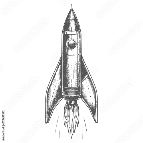 Vintage Hand-Drawn Rocket Ship Ascending in Monochrome