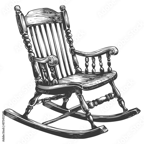 Hand-drawn Vintage Rocking Chair, Detailed Wood Grain Illustration