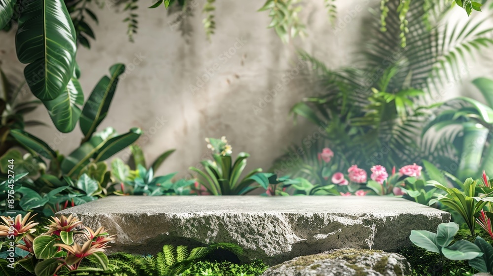 an empty natural stone podium nestled among tropical foliage and exotic blooms. an empty natural stone podium nestled among tropical foliage and exotic blooms.