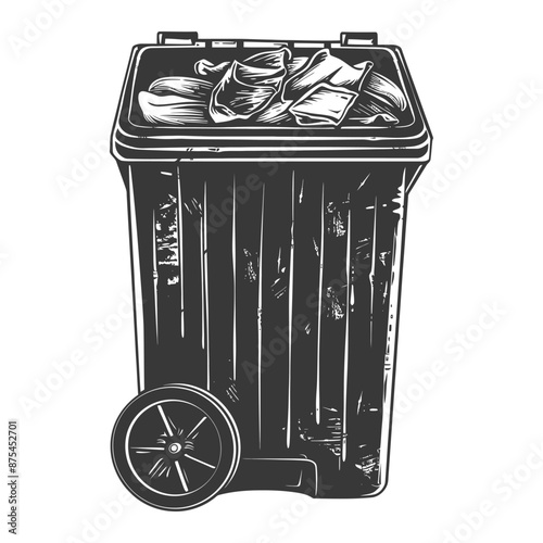 Vintage Style Monochrome Wheelie Bin Overflowing with Trash