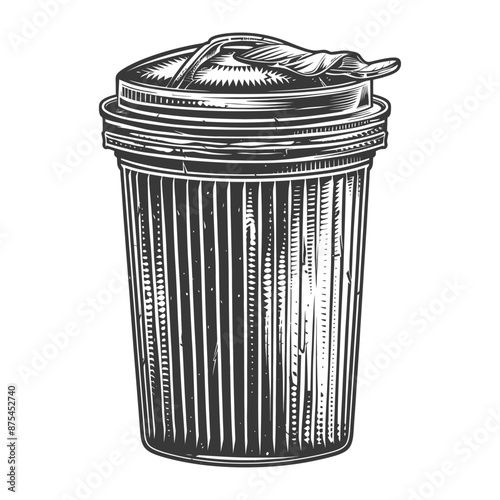 Vintage Engraving: Disposable Coffee Cup with Lid and Straw Remains
