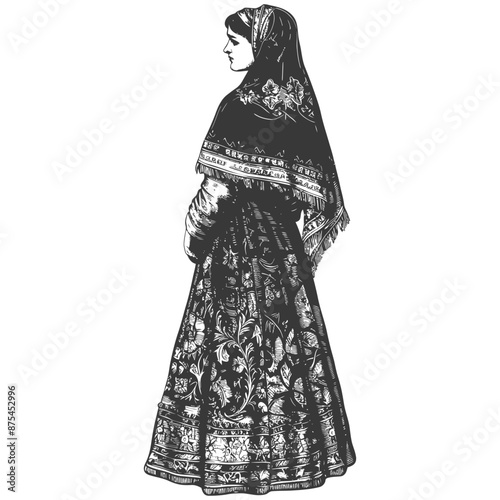 Victorian Era Woman in Ornate Embroidered Dress and Shawl, Profile View