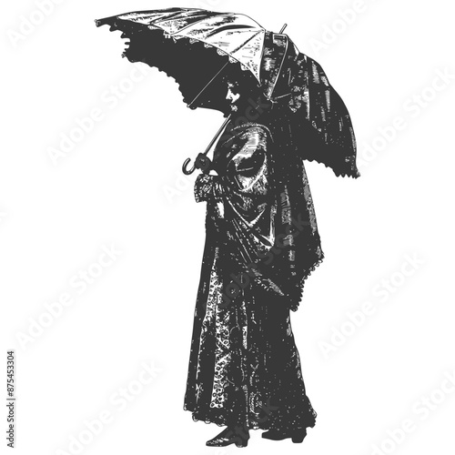 Victorian Era Woman in Mourning, Holding Parasol, Engraved Illustration