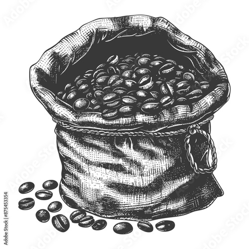 Engraved Illustration: Burlap Sack Overflowing with Coffee Beans