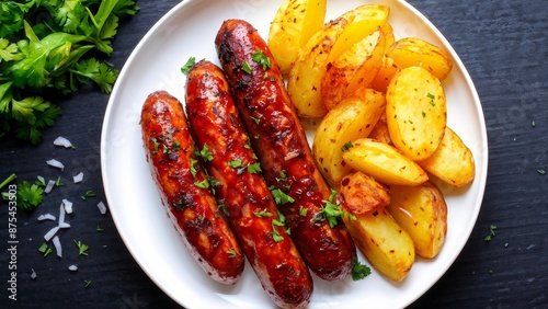 Salchicha asada con papas y zanahorias rociadas abundantemente con hierbas frescas.