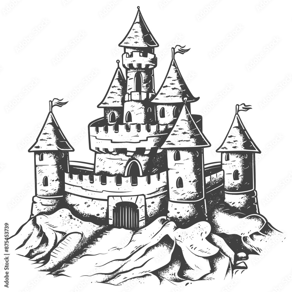 Obraz premium Hand-Drawn Fairytale Castle on Rocky Hilltop, Black and White Illustration