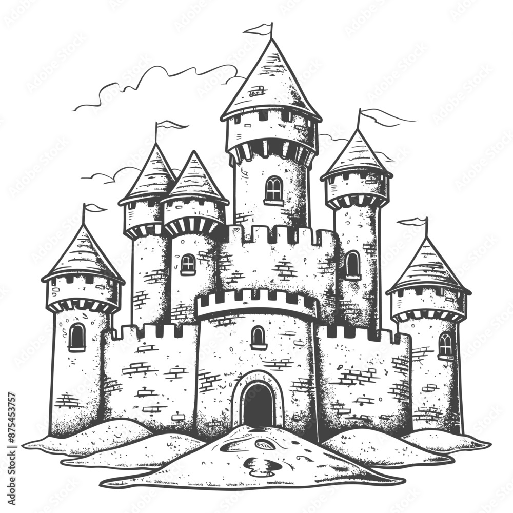Obraz premium Hand-Drawn Sketch: Majestic Stone Castle on Sandy Knoll