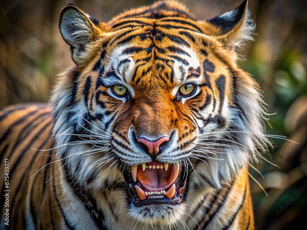 Obraz premium Fierce tiger bares sharp fangs, ears perked, eyes blazing, muscles tensed, ready to pounce, showcasing powerful dominance in a dramatic, intense, wildlife confrontation scene.