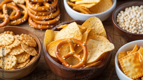 An assortment of crunchy snacks including pretzels, chips, and crackers displayed in bowls on a rustic wooden table, ideal for a savory treat.