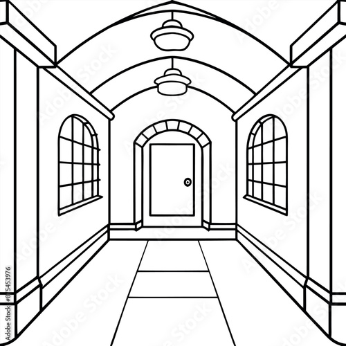 Coloring page, cartoon, anime, hallway house, and clean line art