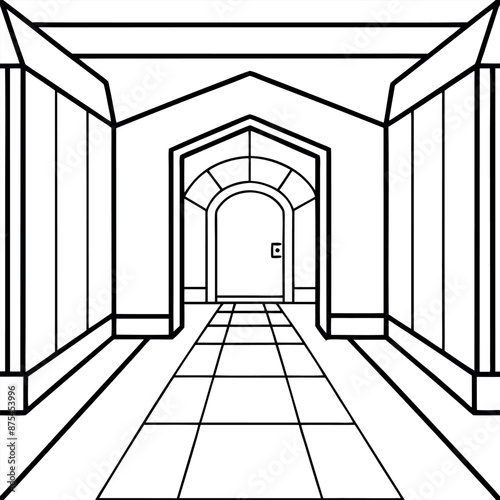 Coloring page, cartoon, anime, hallway house, and clean line art
