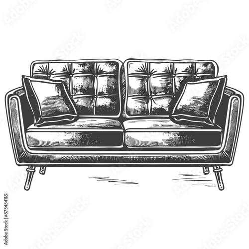 Vintage Hand-Drawn Tufted Sofa with Pillows, Monochrome Illustration