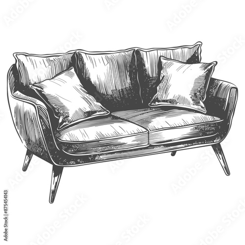 Hand-Drawn Sketch of Mid-Century Modern Loveseat with Plump Cushions