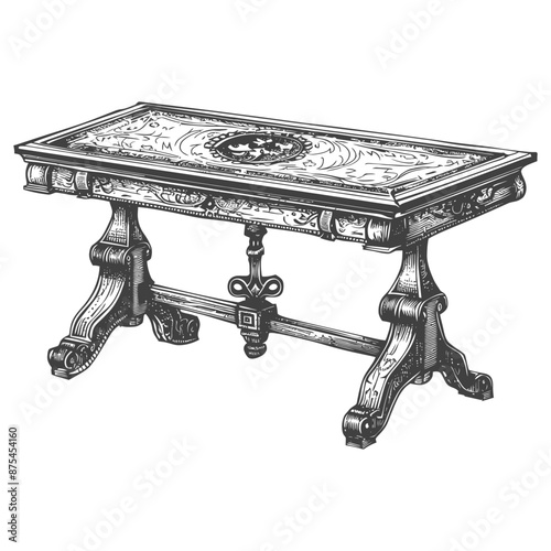 Antique Ornate Rectangular Table, Intricate Inlaid Top, Vintage Line Art