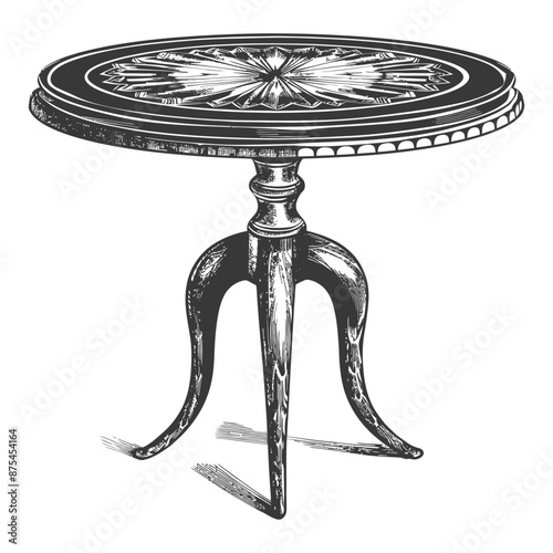 Vintage Engraved Illustration: Ornate Round Pedestal Table with Intricate Top Design